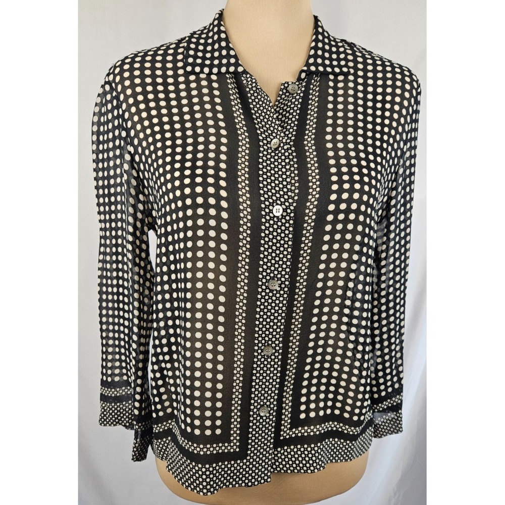 Liz Claiborne 100% Silk Sheer Polka Dot Blouse Button Front Black Cream M